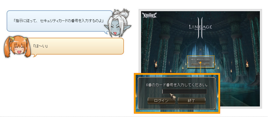 指示に従ってセキュリティカードの番号の数字を入力しましょう。入力したらリネージュIIの利用約款をよく読んで「同意する」を押しましょう。
