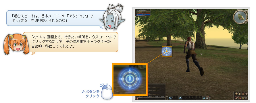 進むスピードは、基本メニューの「アクション」で 歩く/走る を切り替えられます。画面上で行きたい場所をクリックすると自動的に移動します。